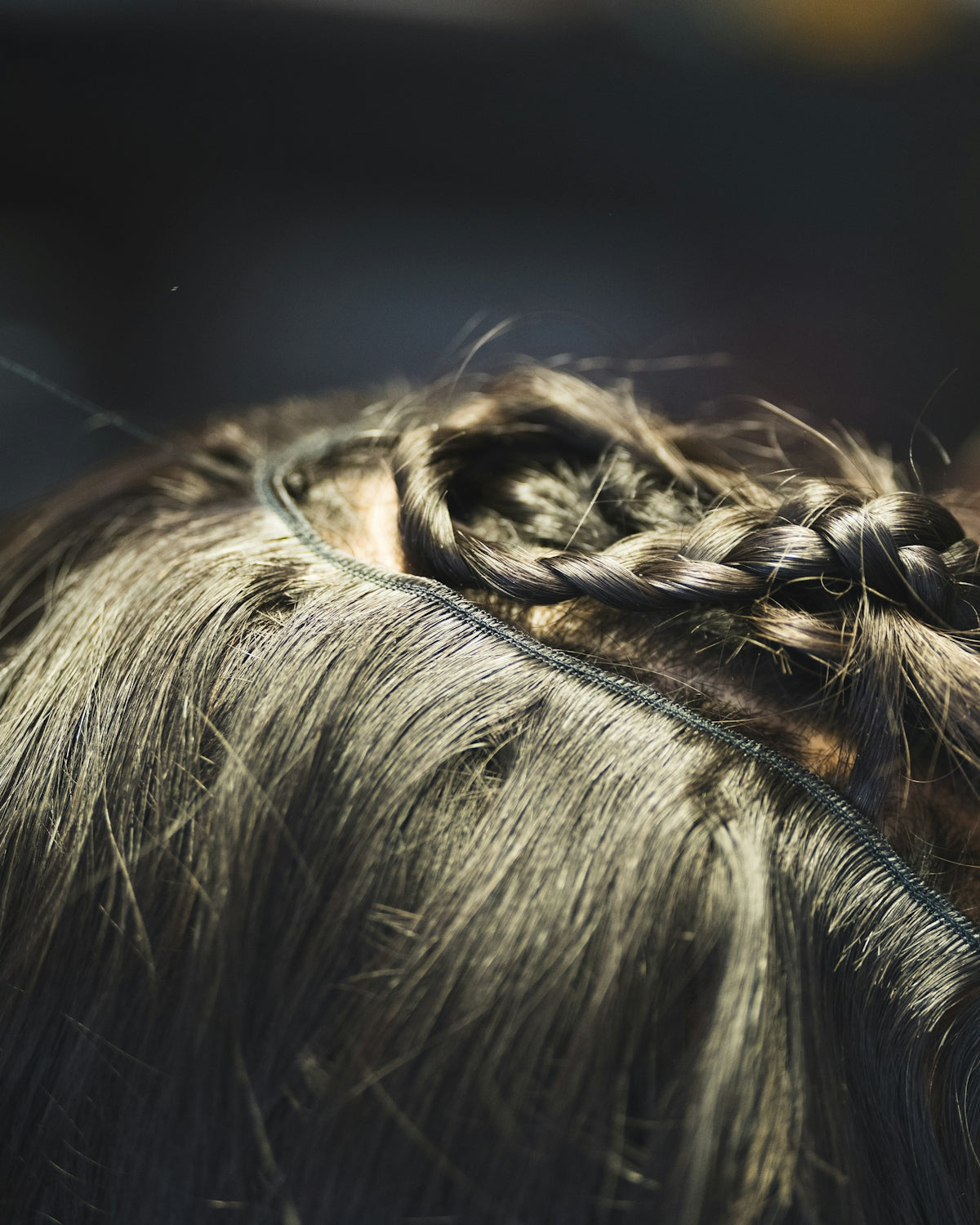 Close-up of a braided hairstyle with dark hair.